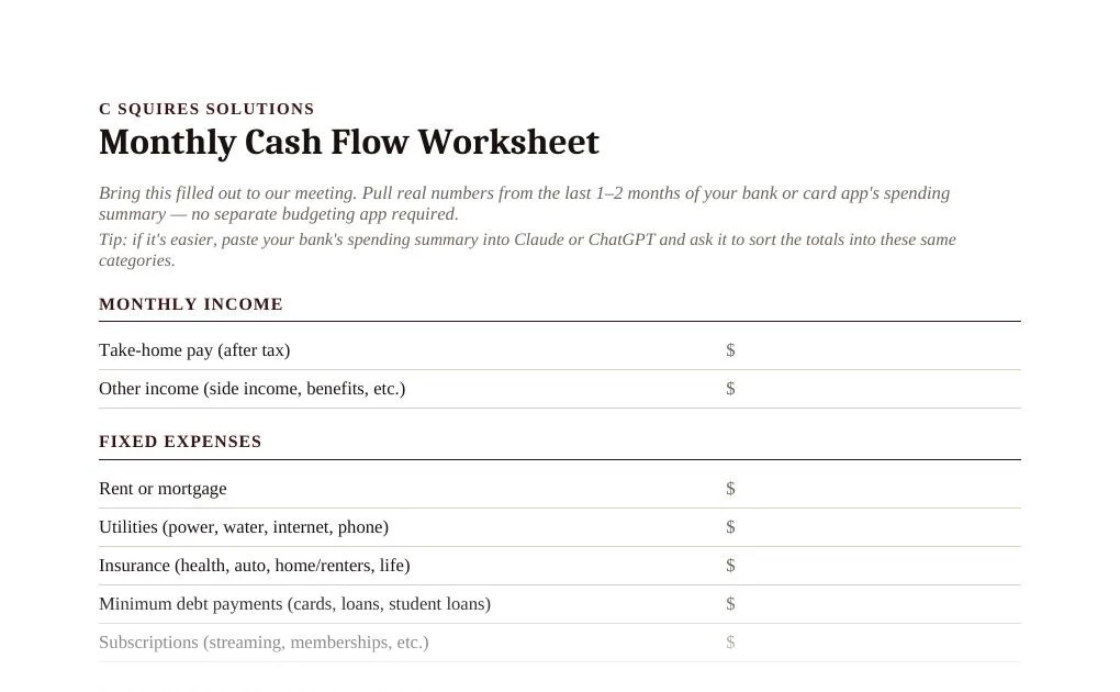 Preview of the Monthly Cash Flow Worksheet
